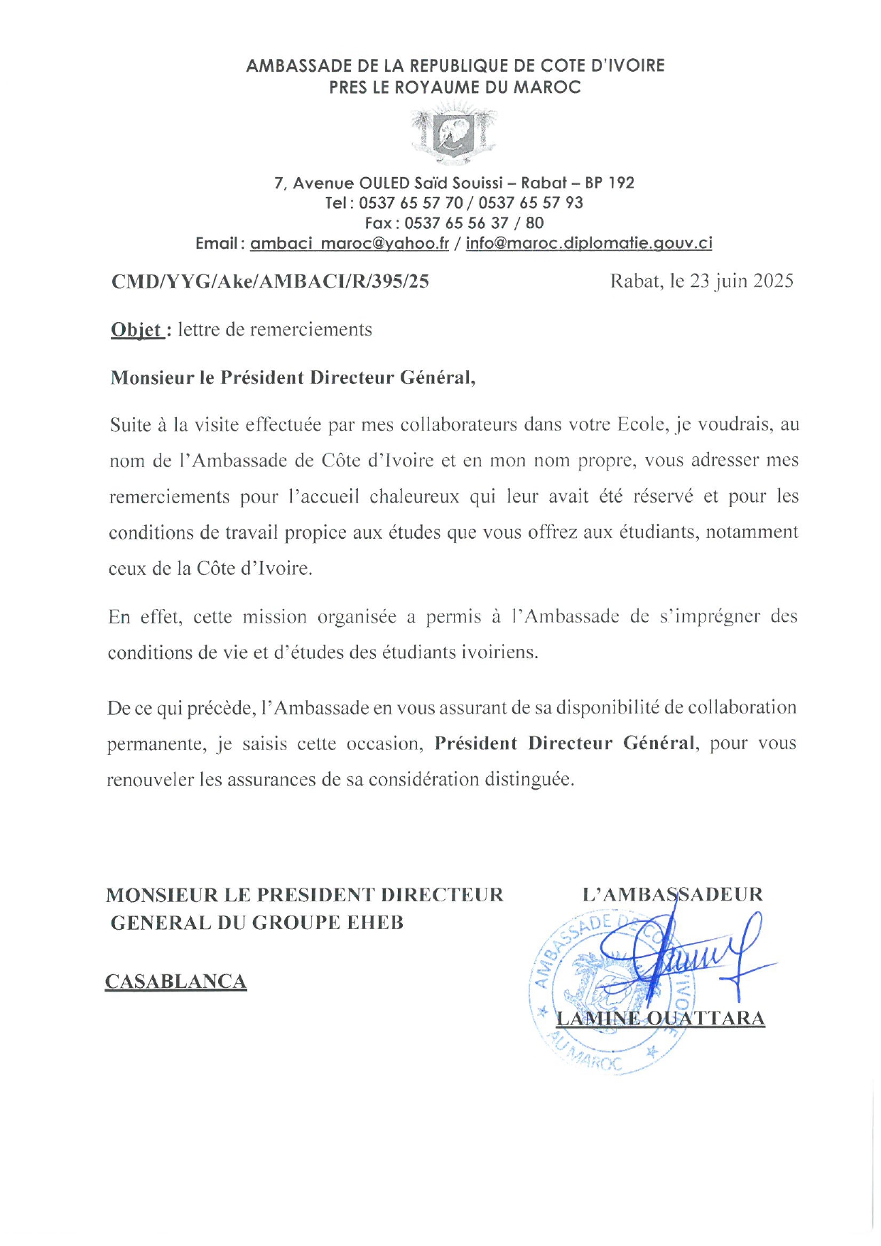 Lettre de l'Ambassade de Côte d'Ivoire près le Royaume du Maroc