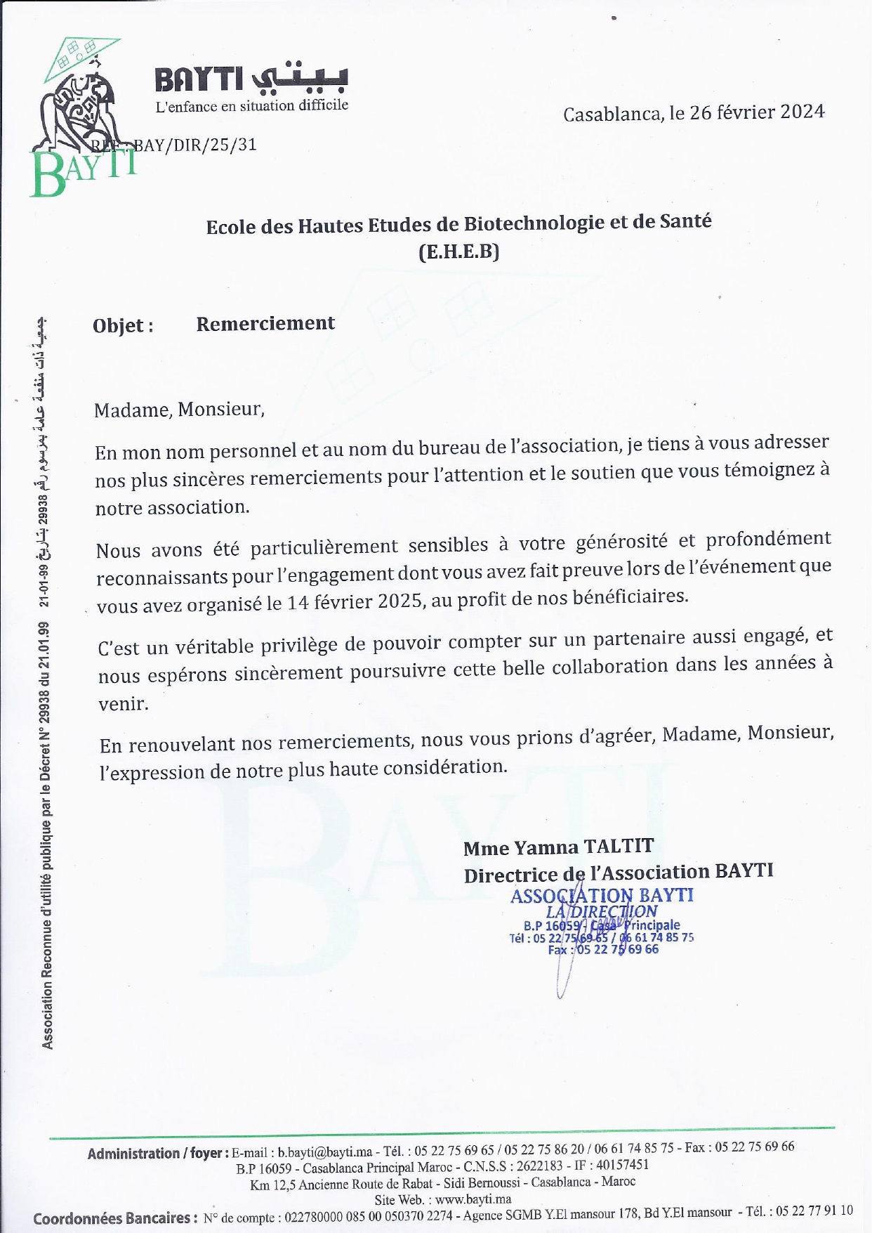 Lettre de remerciement de l'Association Bayti