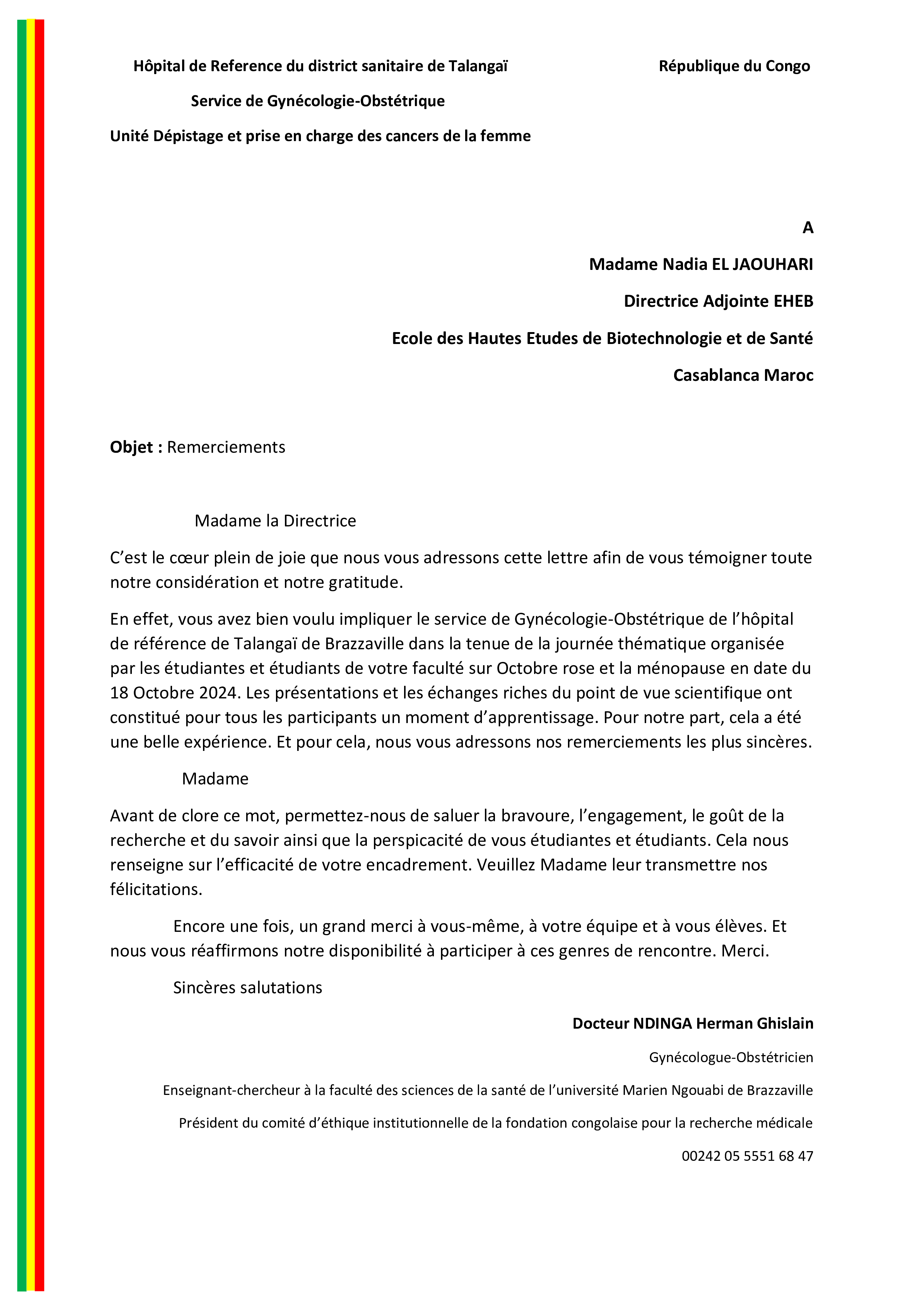 Lettre du Dr NDINGA Herman Ghislain, Fondation Congolaise pour la Recherche Médicale